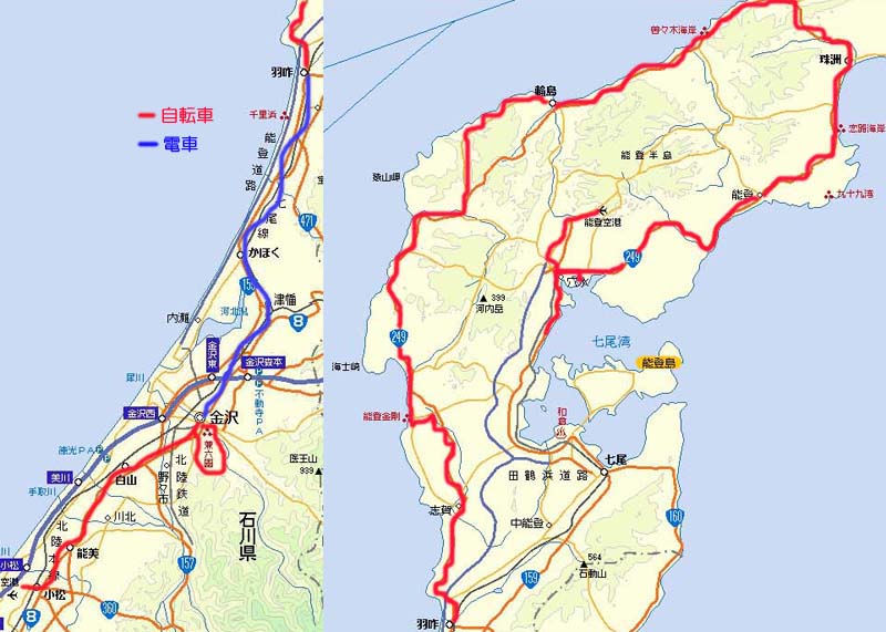 能登半島地図。一周した経路